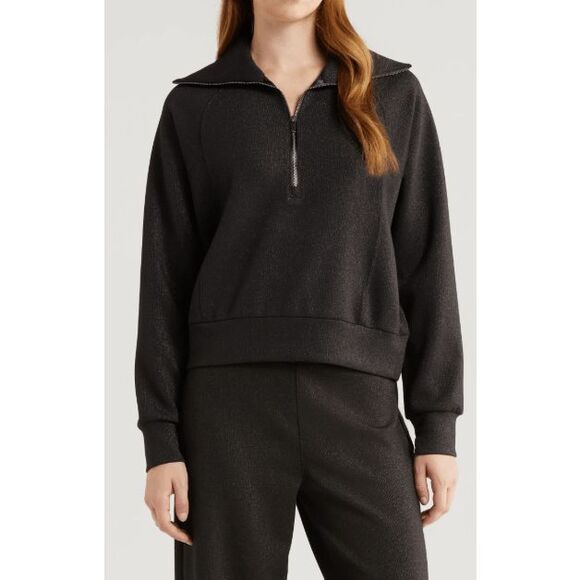 Spanx AirEssentials Shine Half Zip Sweatshirt- Very Black / Silver Shimmer Size - Picture 4 of 12